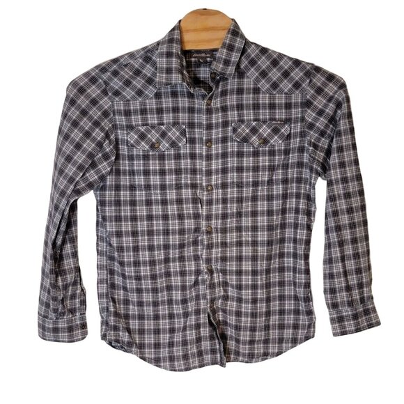 Eddie Bauer‎ Pearl Snap Button Up Shirt Long Sleeve Gray White Classic Fit - Picture 1 of 5